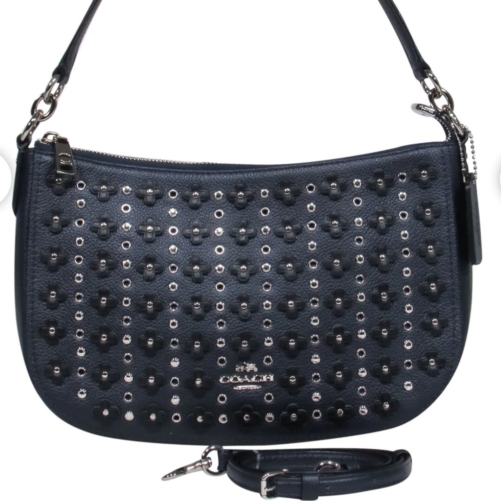Coach navy pebbled leather purse flower grommet